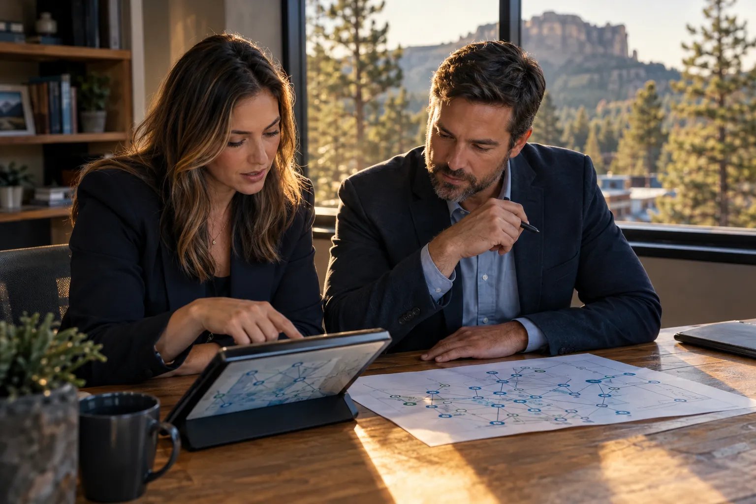 Consultants reviewing a network plan in a Prescott-area office