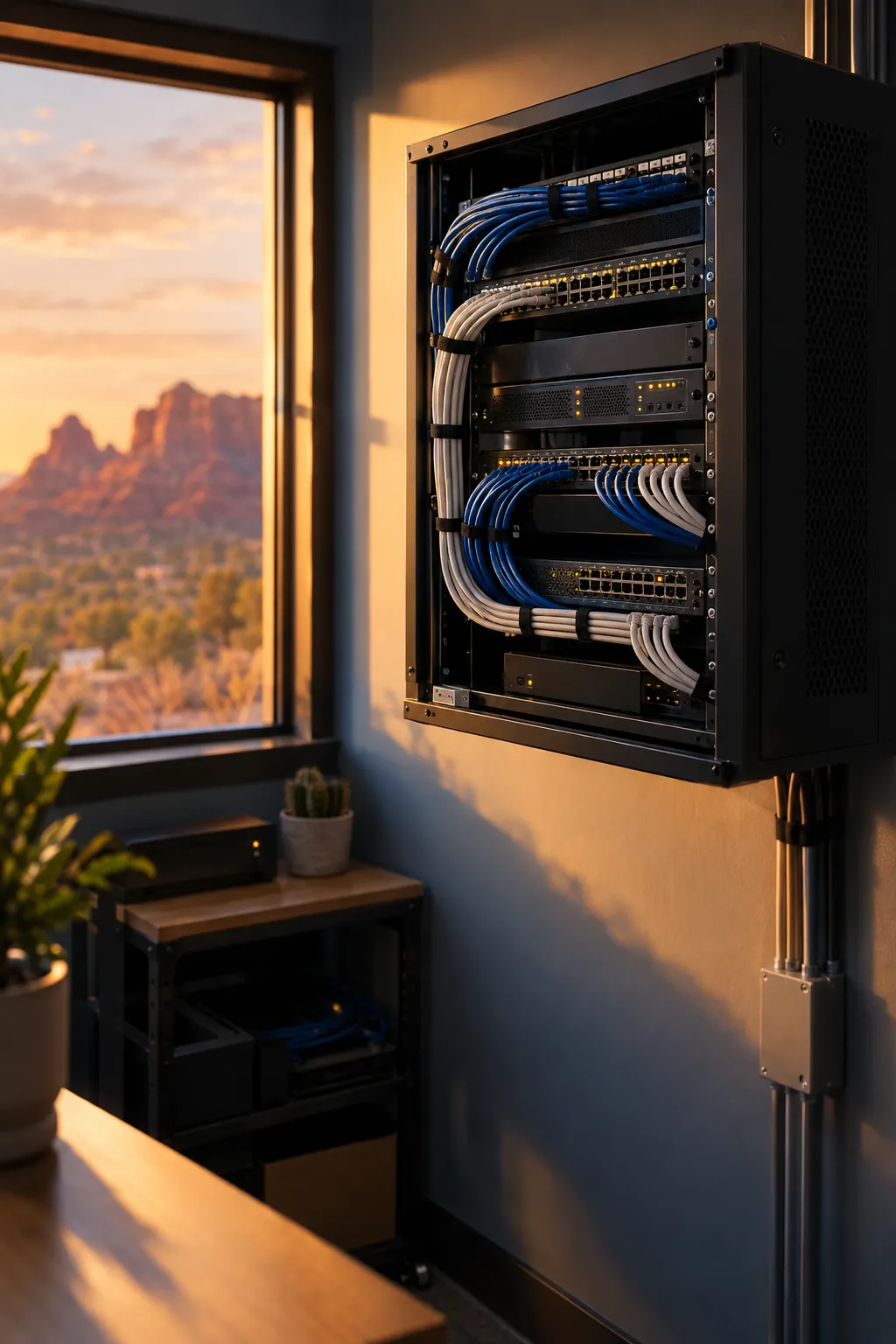 Neatly cabled network rack in a small Arizona office at sunset
