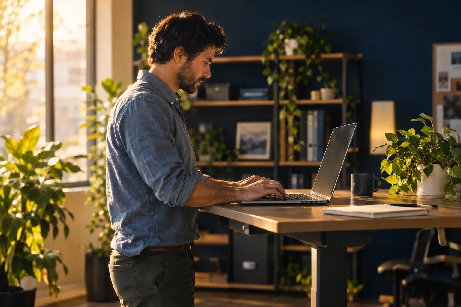 IT technician working on a laptop in a small business office