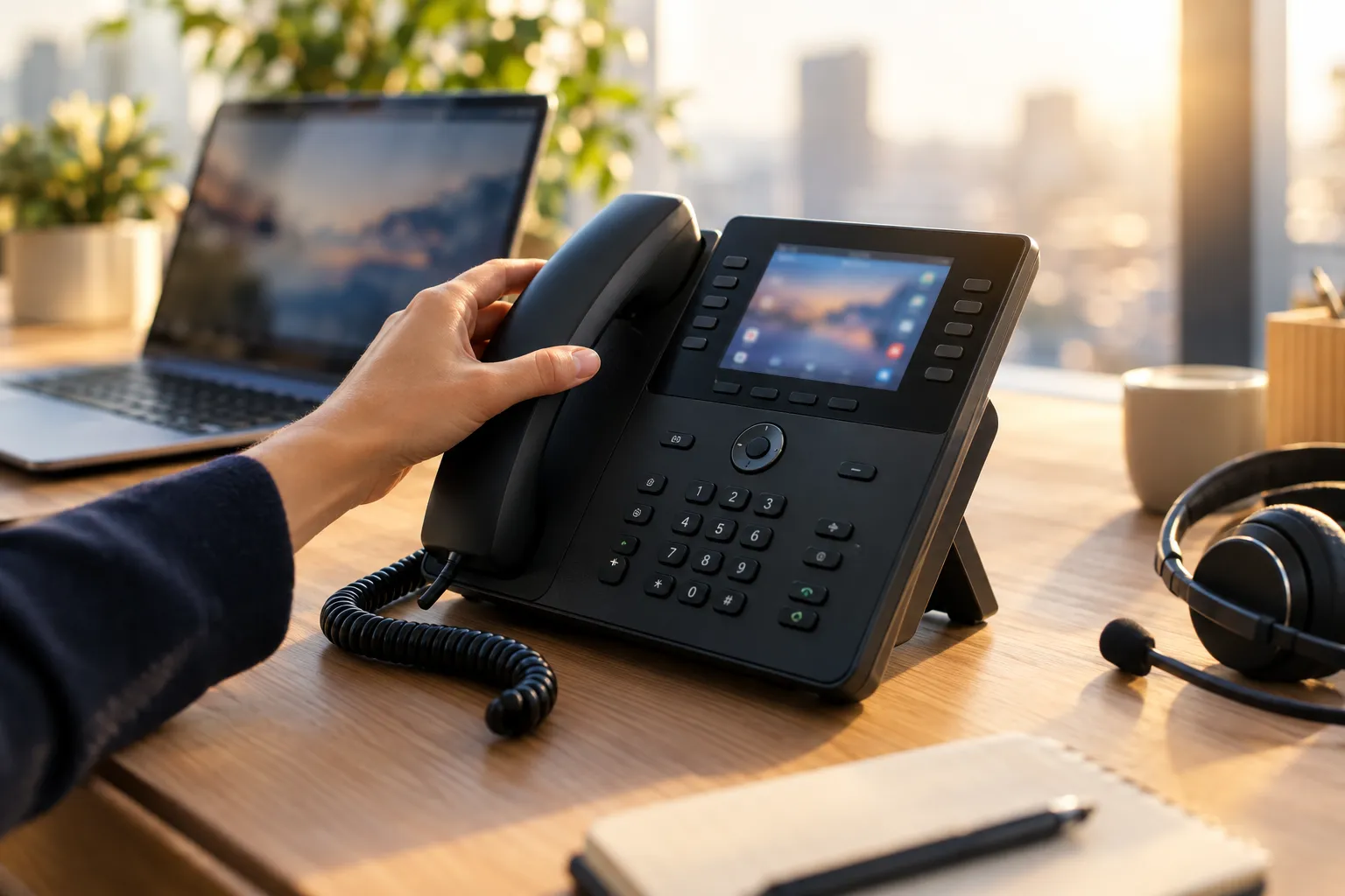 Business IP desk phone with headset and laptop
